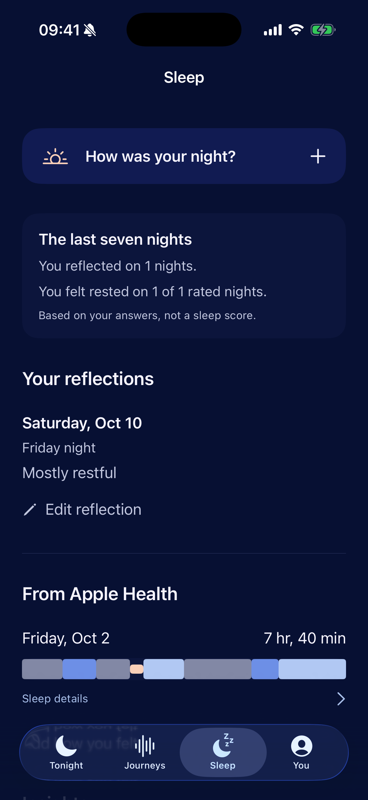 The current Sleepanion sleep history screen, with a seven-night overview and individual night records using fictional example data